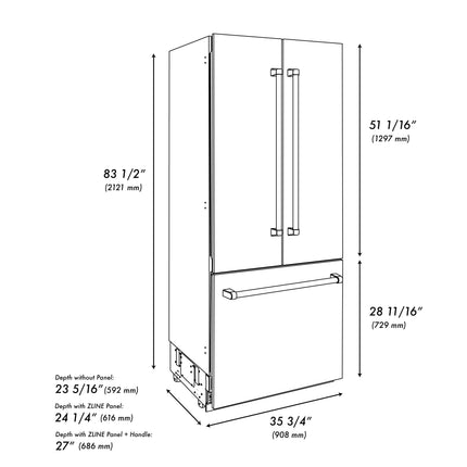 ZLINE 36 in. 19.6 cu. ft. French Door Built-In Bottom Freezer Refrigerator with Water Dispenser and Ice Maker in Satin Stainless Steel (RBIV-SN-36)