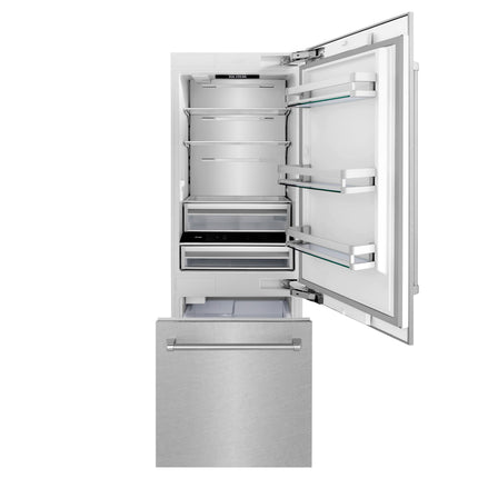 ZLINE 30 in. 16.1 cu. ft. Built-In Bottom Freezer Refrigerator with Water Dispenser and Ice Maker in Satin Stainless Steel (RBIV-SN-30)