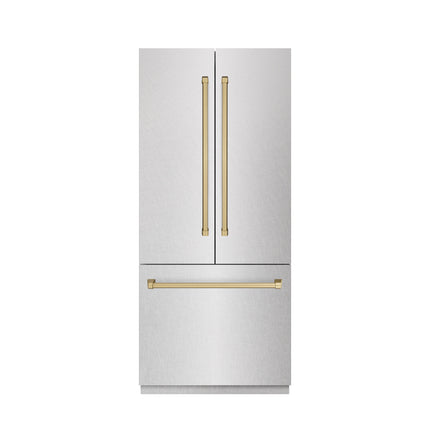 ZLINE Autograph Edition 36 in. 19.6 cu. ft. French Door Built-In Bottom Freezer Refrigerator with Water Dispenser and Ice Maker in Satin Stainless Steel with Stainless Steel Interior and Champagne Bronze Accents (SRBIVZ-SN-36-CB)