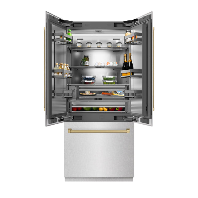 ZLINE Autograph Edition 36 in. 19.6 cu. ft. French Door Built-In Bottom Freezer Refrigerator with Water Dispenser and Ice Maker in Satin Stainless Steel with Stainless Steel Interior and Champagne Bronze Accents (SRBIVZ-SN-36-CB)