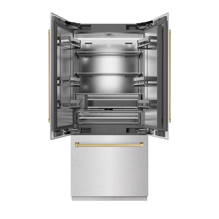 ZLINE Autograph Edition 36 in. 19.6 cu. ft. French Door Built-In Bottom Freezer Refrigerator with Water Dispenser and Ice Maker in Satin Stainless Steel with Stainless Steel Interior and Champagne Bronze Accents (SRBIVZ-SN-36-CB)