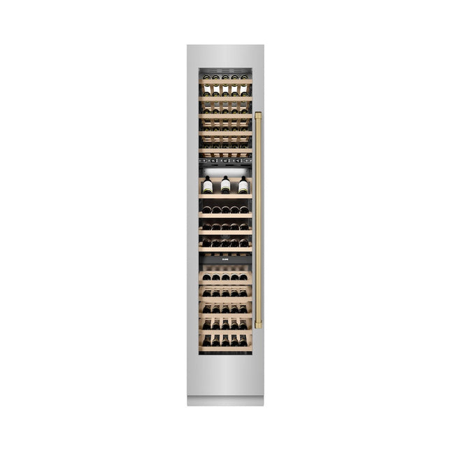 ZLINE Autograph Edition 18 in. 9.0 cu. ft. Triple Zone 68 Bottle Left Hinge Column Wine Cooler in Stainless Steel with Champagne Bronze Accents (RCWVLZ-30418-CB)