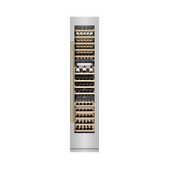 ZLINE Autograph Edition 18 in. 9.0 cu. ft. Triple Zone 68 Bottle Right Hinge Column Wine Cooler in Stainless Steel with Champagne Bronze Accents (RCWVRZ-30418-CB)