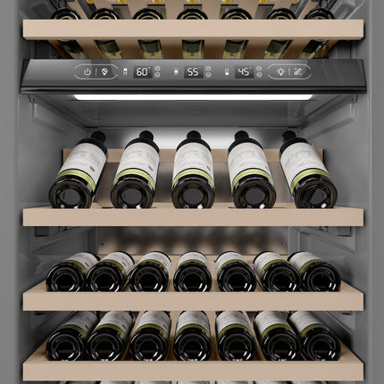 ZLINE Autograph Edition 24 in. 12.4 cu. ft. Triple Zone 100 Bottle Column Wine Cooler in Stainless Steel and Champagne Bronze Accents (RCWVZ-304-24-CB)