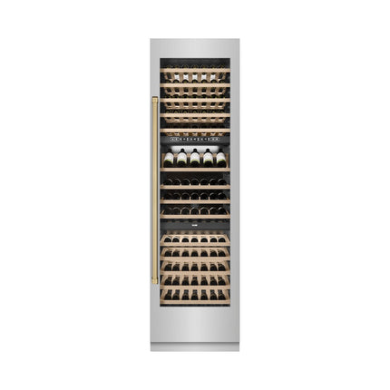 ZLINE Autograph Edition 24 in. 12.4 cu. ft. Triple Zone 100 Bottle Column Wine Cooler in Stainless Steel and Champagne Bronze Accents (RCWVZ-304-24-CB)
