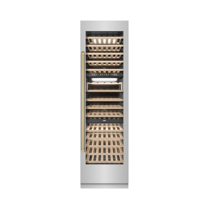 ZLINE Autograph Edition 24 in. 12.4 cu. ft. Triple Zone 100 Bottle Column Wine Cooler in Stainless Steel and Champagne Bronze Accents (RCWVZ-304-24-CB)