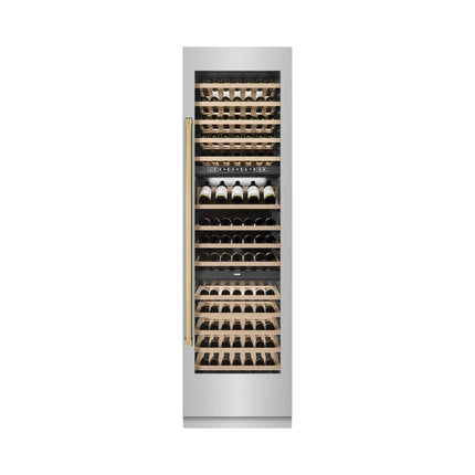 ZLINE Autograph Edition 24 in. 12.4 cu. ft. Triple Zone 100 Bottle Column Wine Cooler in Stainless Steel and Polished Gold Accents (RCWVZ-304-24-G)