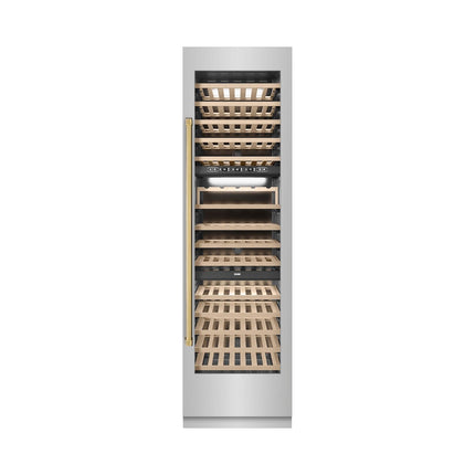 ZLINE Autograph Edition 24 in. 12.4 cu. ft. Triple Zone 100 Bottle Column Wine Cooler in Stainless Steel and Polished Gold Accents (RCWVZ-304-24-G)