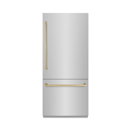 ZLINE Autograph Edition 36 in. 19.8 cu. ft. Built-In Bottom Freezer Refrigerator with Water Dispenser and Ice Maker in Stainless Steel with Graphite Gray Interior and Champagne Bronze Accents (GRBITZ-304-36CB)