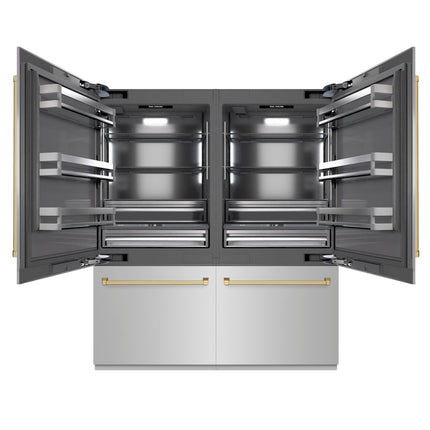 ZLINE Autograph Edition 72 in. 39.6 cu. ft. French Door Built-In Bottom Freezer Refrigerator with Water Dispensers and Ice Makers in Stainless Steel with Graphite Gray Interior and Champagne Bronze Accents (GRBITZ-304-72CB)