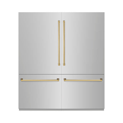 ZLINE Autograph Edition 72 in. 39.6 cu. ft. French Door Built-In Bottom Freezer Refrigerator with Water Dispensers and Ice Makers in Stainless Steel with Graphite Gray Interior and Polished Gold Accents (GRBITZ-304-72G)