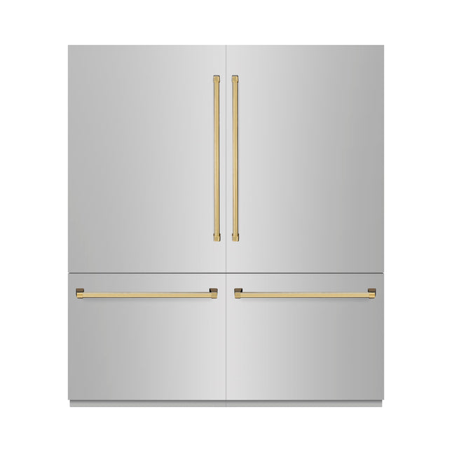 ZLINE Autograph Edition 72 in. 39.6 cu. ft. French Door Built-In Bottom Freezer Refrigerator with Water Dispensers and Ice Makers in Stainless Steel with Graphite Gray Interior and Polished Gold Accents (GRBITZ-304-72G)