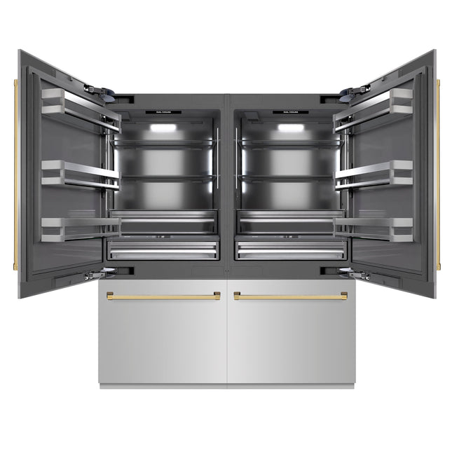 ZLINE Autograph Edition 72 in. 39.6 cu. ft. French Door Built-In Bottom Freezer Refrigerator with Water Dispensers and Ice Makers in Stainless Steel with Graphite Gray Interior and Polished Gold Accents (GRBITZ-304-72G)