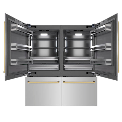 ZLINE Autograph Edition 72 in. 39.6 cu. ft. French Door Built-In Bottom Freezer Refrigerator with Water Dispensers and Ice Makers in Stainless Steel with Graphite Gray Interior and Polished Gold Accents (GRBITZ-304-72G)