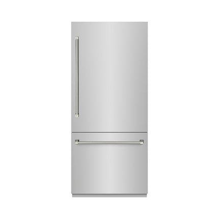 ZLINE Autograph Edition 36 in. 19.8 cu. ft. Built-In Bottom Freezer Refrigerator with Water Dispenser and Ice Maker in Stainless Steel with Graphite Gray Interior and Polished Nickel Helix Handles (GRBITZ-30436KPN)