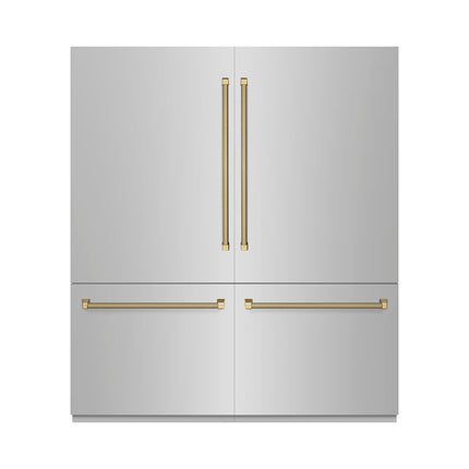 ZLINE Autograph Edition 72 in. 39.6 cu. ft. French Door Built-In Bottom Freezer Refrigerator with Water Dispensers and Ice Makers in Stainless Steel with Graphite Gray Interior and Champagne Bronze Helix Handles (GRBITZ-30472KCB)