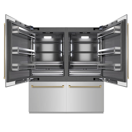 ZLINE Autograph Edition 72 in. 39.6 cu. ft. French Door Built-In Bottom Freezer Refrigerator with Water Dispensers and Ice Makers in Stainless Steel with Graphite Gray Interior and Champagne Bronze Helix Handles (GRBITZ-30472KCB)