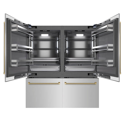 ZLINE Autograph Edition 72 in. 39.6 cu. ft. French Door Built-In Bottom Freezer Refrigerator with Water Dispensers and Ice Makers in Stainless Steel with Graphite Gray Interior and Champagne Bronze Helix Handles (GRBITZ-30472KCB)