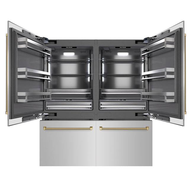 ZLINE Autograph Edition 72 in. 39.6 cu. ft. French Door Built-In Bottom Freezer Refrigerator with Water Dispensers and Ice Makers in Stainless Steel with Graphite Gray Interior and Champagne Bronze Helix Handles (GRBITZ-30472KCB)