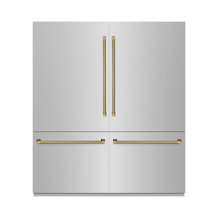 ZLINE Autograph Edition 72 in. 39.6 cu. ft. French Door Built-In Bottom Freezer Refrigerator with Water Dispensers and Ice Makers in Stainless Steel with Graphite Gray Interior and Polished Gold Helix Handles (GRBITZ-30472KG)