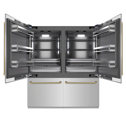 ZLINE Autograph Edition 72 in. 39.6 cu. ft. French Door Built-In Bottom Freezer Refrigerator with Water Dispensers and Ice Makers in Stainless Steel with Graphite Gray Interior and Polished Gold Helix Handles (GRBITZ-30472KG)