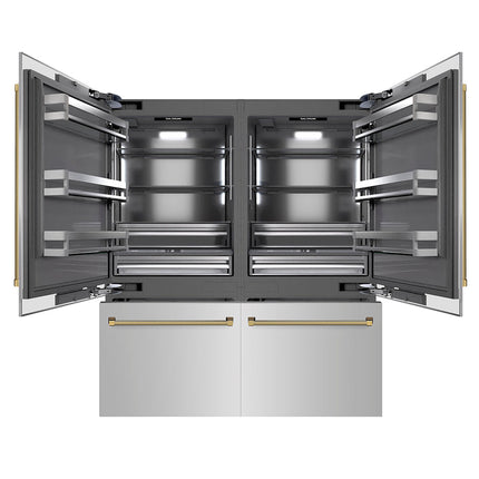 ZLINE Autograph Edition 72 in. 39.6 cu. ft. French Door Built-In Bottom Freezer Refrigerator with Water Dispensers and Ice Makers in Stainless Steel with Graphite Gray Interior and Polished Gold Helix Handles (GRBITZ-30472KG)
