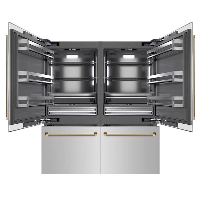 ZLINE Autograph Edition 72 in. 39.6 cu. ft. French Door Built-In Bottom Freezer Refrigerator with Water Dispensers and Ice Makers in Stainless Steel with Graphite Gray Interior and Polished Gold Helix Handles (GRBITZ-30472KG)