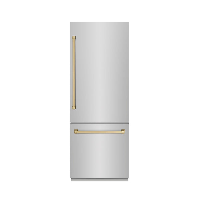 ZLINE Autograph Edition 30 in. 16.1 cu. ft. Built-In Bottom Freezer Refrigerator with Water Dispenser and Ice Maker in Stainless Steel with Graphite Gray Interior and Champagne Bronze Accents (GRBIVZ-304-30CB)