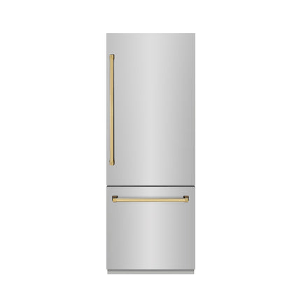 ZLINE Autograph Edition 30 in. 16.1 cu. ft. Built-In Bottom Freezer Refrigerator with Water Dispenser and Ice Maker in Stainless Steel with Graphite Gray Interior and Polished Gold Accents (GRBIVZ-304-30G)