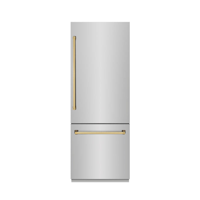 ZLINE Autograph Edition 30 in. 16.1 cu. ft. Built-In Bottom Freezer Refrigerator with Water Dispenser and Ice Maker in Stainless Steel with Graphite Gray Interior and Polished Gold Accents (GRBIVZ-304-30G)