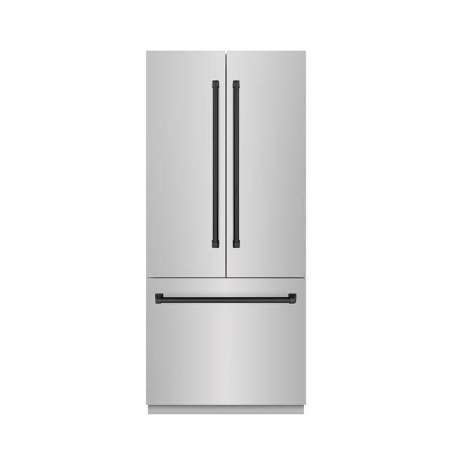 ZLINE Autograph Edition 36 in. 19.6 cu. ft. French Door Built-In Bottom Freezer Refrigerator with Water Dispenser and Ice Maker in Stainless Steel with Graphite Gray Interior and Matte Black Accents (GRBIVZ-304-36MB)