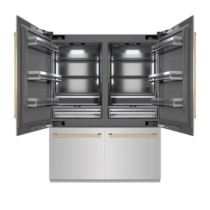 ZLINE Autograph Edition 60 in. 32.2 cu. ft. French Door Built-In Bottom Freezer Refrigerator with Water Dispenser and Ice Maker in Stainless Steel with Graphite Gray Interior and Champagne Bronze Accents (GRBIVZ-304-60CB)