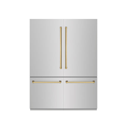 ZLINE Autograph Edition 60 in. 32.2 cu. ft. French Door Built-In Bottom Freezer Refrigerator with Water Dispenser and Ice Maker in Stainless Steel with Graphite Gray Interior and Polished Gold Accents (GRBIVZ-304-60G)