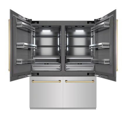 ZLINE Autograph Edition 60 in. 32.2 cu. ft. French Door Built-In Bottom Freezer Refrigerator with Water Dispenser and Ice Maker in Stainless Steel with Graphite Gray Interior and Polished Gold Accents (GRBIVZ-304-60G)