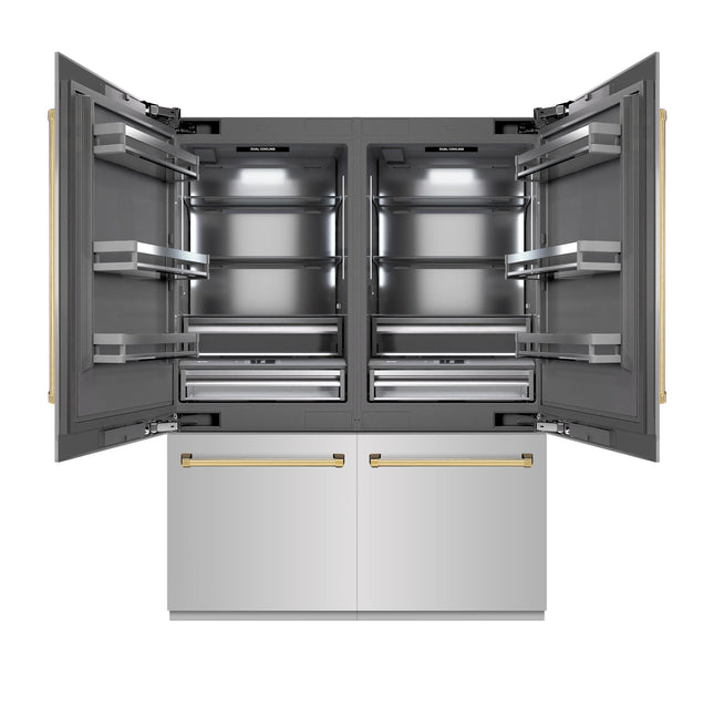ZLINE Autograph Edition 60 in. 32.2 cu. ft. French Door Built-In Bottom Freezer Refrigerator with Water Dispenser and Ice Maker in Stainless Steel with Graphite Gray Interior and Polished Gold Accents (GRBIVZ-304-60G)