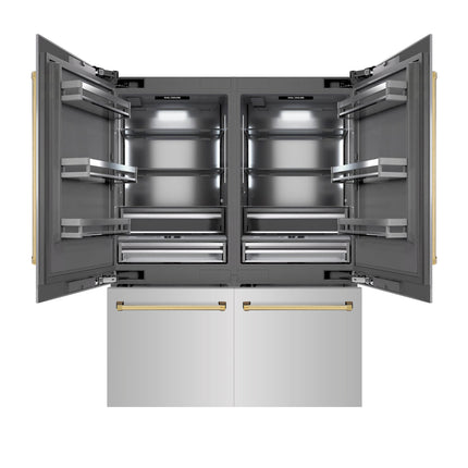 ZLINE Autograph Edition 60 in. 32.2 cu. ft. French Door Built-In Bottom Freezer Refrigerator with Water Dispenser and Ice Maker in Stainless Steel with Graphite Gray Interior and Polished Gold Accents (GRBIVZ-304-60G)