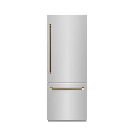 ZLINE Autograph Edition 30 in. 16.1 cu. ft. Built-In Bottom Freezer Refrigerator with Water Dispenser and Ice Maker in Stainless Steel with Graphite Gray Interior and Champagne Bronze Helix Handles (GRBIVZ-30430KCB)