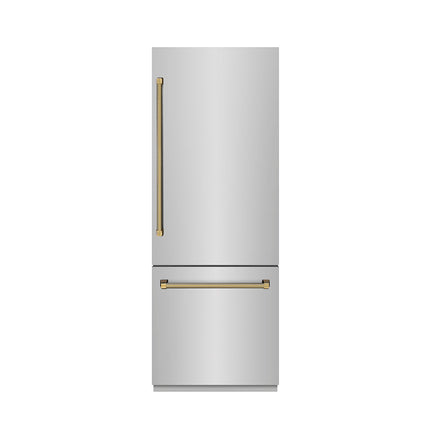 ZLINE Autograph Edition 30 in. 16.1 cu. ft. Built-In Bottom Freezer Refrigerator with Water Dispenser and Ice Maker in Stainless Steel with Graphite Gray Interior and Polished Gold Helix Handles (GRBIVZ-30430KG)