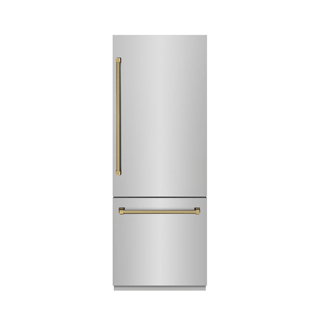 ZLINE Autograph Edition 30 in. 16.1 cu. ft. Built-In Bottom Freezer Refrigerator with Water Dispenser and Ice Maker in Stainless Steel with Graphite Gray Interior and Polished Gold Helix Handles (GRBIVZ-30430KG)