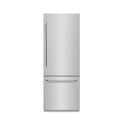 ZLINE Autograph Edition 30 in. 16.1 cu. ft. Built-In Bottom Freezer Refrigerator with Water Dispenser and Ice Maker in Stainless Steel with Graphite Gray Interior and Polished Nickel Helix Handles (GRBIVZ-30430KPN)