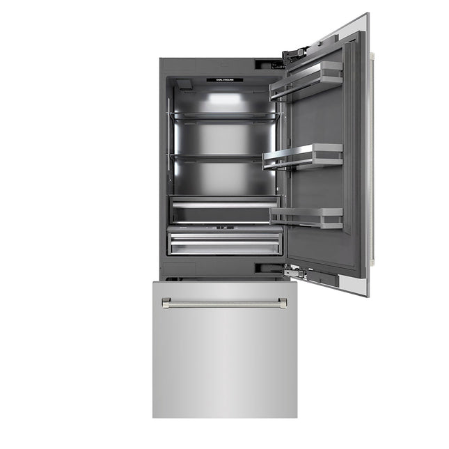 ZLINE Autograph Edition 30 in. 16.1 cu. ft. Built-In Bottom Freezer Refrigerator with Water Dispenser and Ice Maker in Stainless Steel with Graphite Gray Interior and Polished Nickel Helix Handles (GRBIVZ-30430KPN)