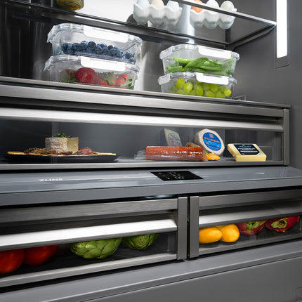 ZLINE Autograph Edition 36 in. 19.6 cu. ft. French Door Built-In Bottom Freezer Refrigerator with Water Dispenser and Ice Maker in Stainless Steel with Graphite Gray Interior and Champagne Bronze Helix Handles (GRBIVZ-30436KCB)