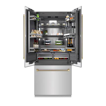 ZLINE Autograph Edition 36 in. 19.6 cu. ft. French Door Built-In Bottom Freezer Refrigerator with Water Dispenser and Ice Maker in Stainless Steel with Graphite Gray Interior and Champagne Bronze Helix Handles (GRBIVZ-30436KCB)