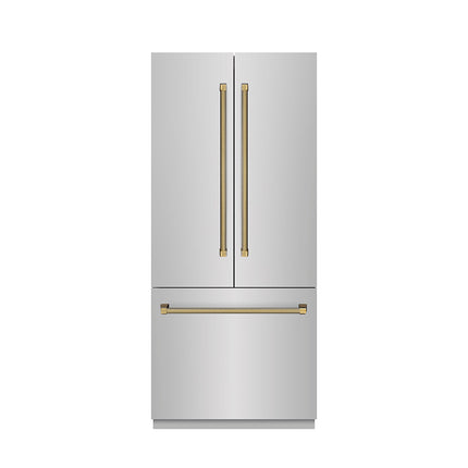 ZLINE Autograph Edition 36 in. 19.6 cu. ft. French Door Built-In Bottom Freezer Refrigerator with Water Dispenser and Ice Maker in Stainless Steel with Graphite Gray Interior and Polished Gold Helix Handles (GRBIVZ-30436KG)