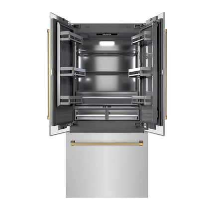 ZLINE Autograph Edition 36 in. 19.6 cu. ft. French Door Built-In Bottom Freezer Refrigerator with Water Dispenser and Ice Maker in Stainless Steel with Graphite Gray Interior and Polished Gold Helix Handles (GRBIVZ-30436KG)