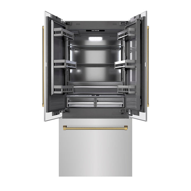 ZLINE Autograph Edition 36 in. 19.6 cu. ft. French Door Built-In Bottom Freezer Refrigerator with Water Dispenser and Ice Maker in Stainless Steel with Graphite Gray Interior and Polished Gold Helix Handles (GRBIVZ-30436KG)