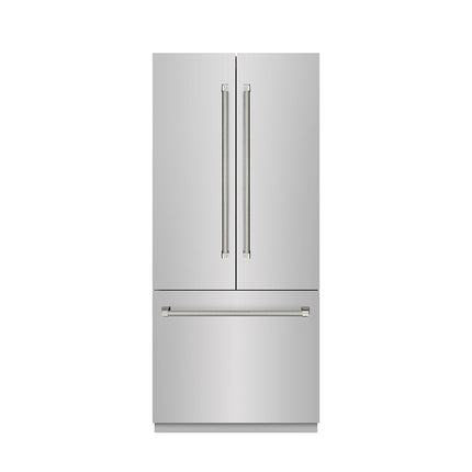 ZLINE Autograph Edition 36 in. 19.6 cu. ft. French Door Built-In Bottom Freezer Refrigerator with Water Dispenser and Ice Maker in Stainless Steel with Graphite Gray Interior and Polished Nickel Helix Handles (GRBIVZ-30436KPN)