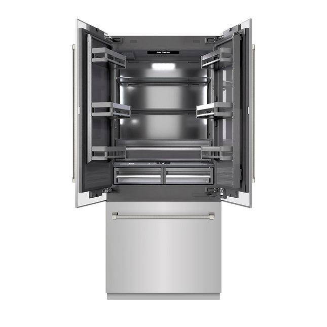 ZLINE Autograph Edition 36 in. 19.6 cu. ft. French Door Built-In Bottom Freezer Refrigerator with Water Dispenser and Ice Maker in Stainless Steel with Graphite Gray Interior and Polished Nickel Helix Handles (GRBIVZ-30436KPN)