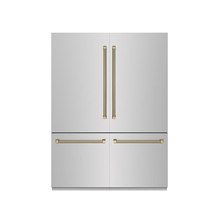 ZLINE Autograph Edition 60 in. 32.2 cu. ft. French Door Built-In Bottom Freezer Refrigerator with Water Dispenser and Ice Maker in Stainless Steel with Graphite Gray Interior and Champagne Bronze Helix Handles (GRBIVZ-30460KCB)