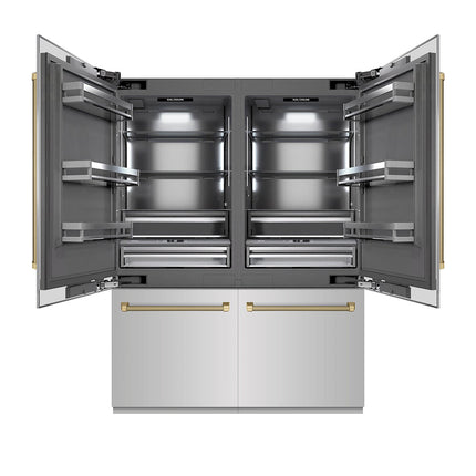 ZLINE Autograph Edition 60 in. 32.2 cu. ft. French Door Built-In Bottom Freezer Refrigerator with Water Dispenser and Ice Maker in Stainless Steel with Graphite Gray Interior and Champagne Bronze Helix Handles (GRBIVZ-30460KCB)